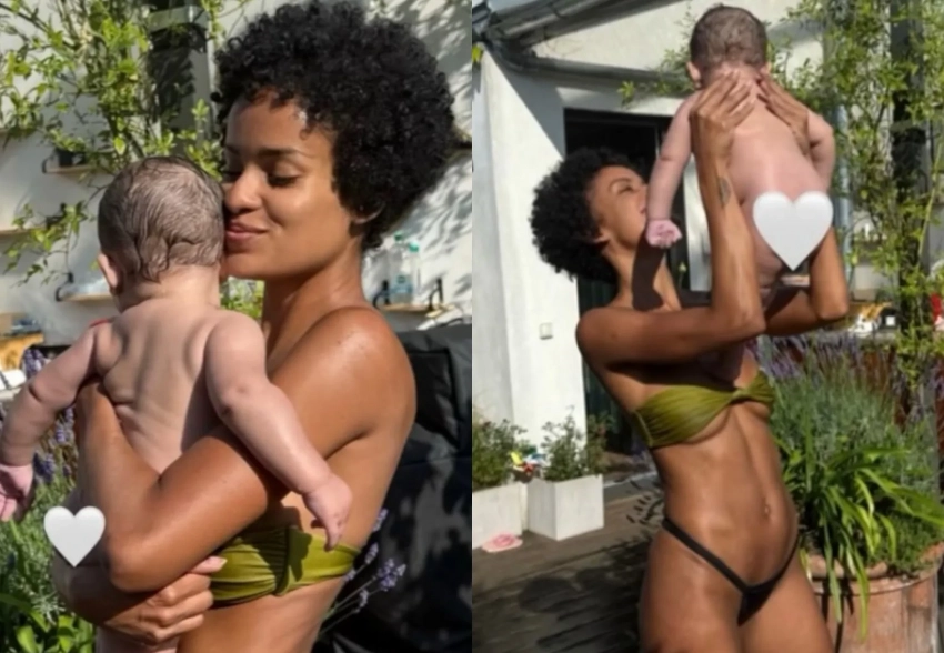 Девушка Венсана Касселя Нара Баптиста позирует в бикини с сыном на руках